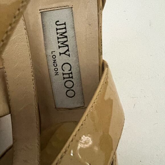 JIMMY CHOO LONDON KUKI BEIGE PATENT‎ LEATHER SANDALS MADE IN ITALY SIZE 38 1/2 - Picture 9 of 11